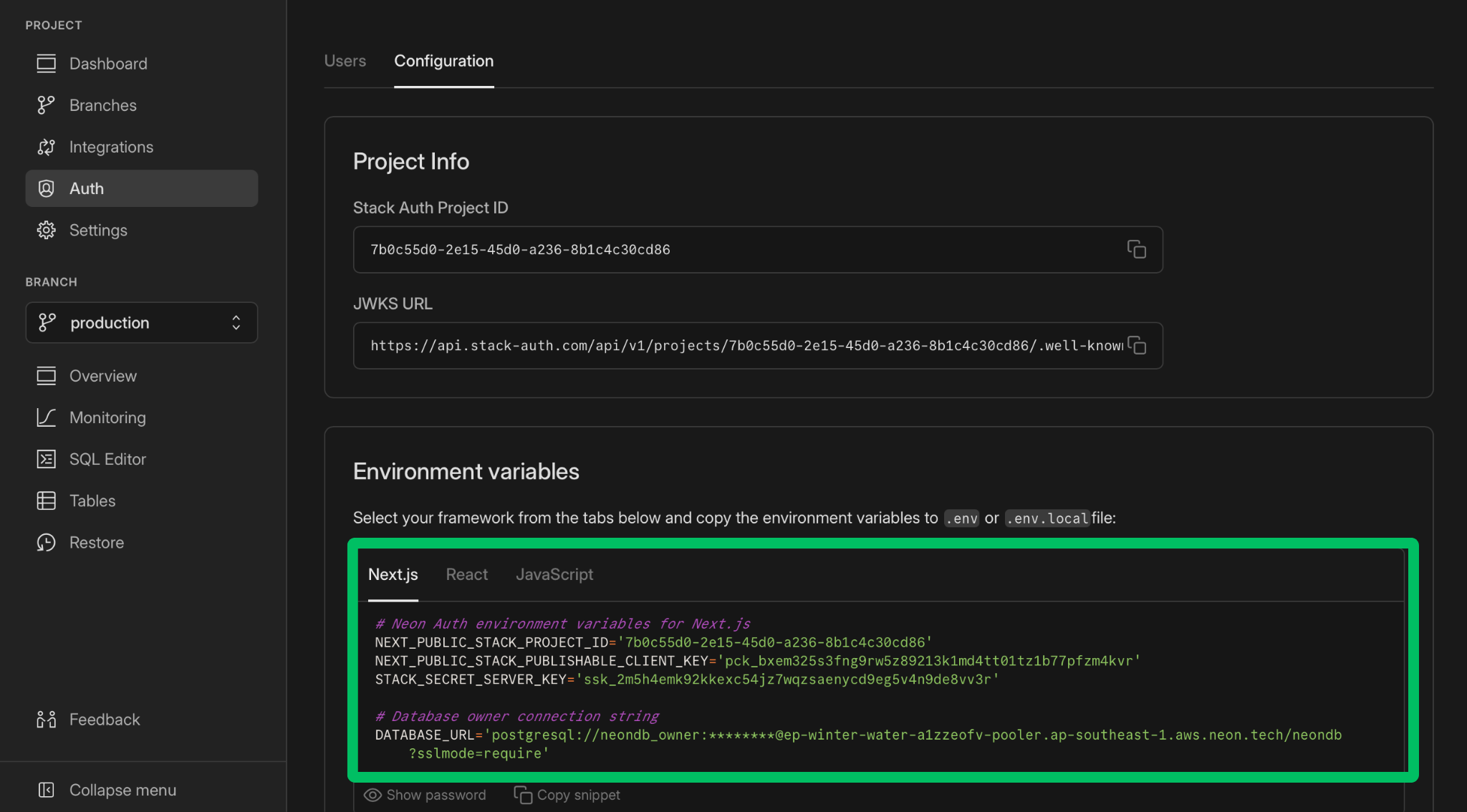 Neon Console - Neon Auth configuration keys for Next.js