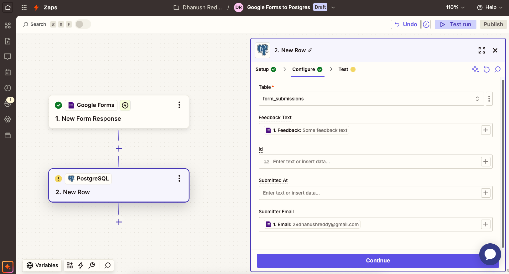 Google Forms to Neon mapping in Zapier
